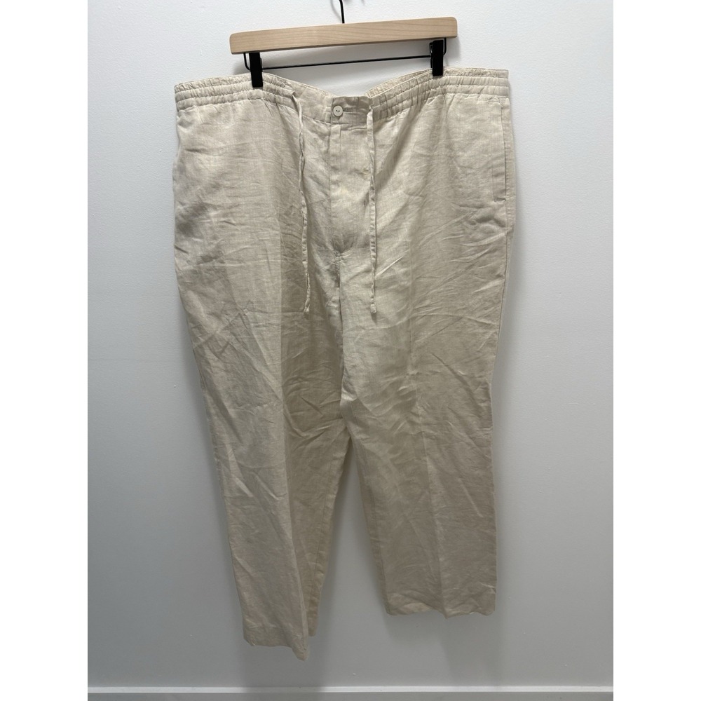 Baracuta Men's XXL 100% Linen Drawstring Pants Beige Elastic Waist Straight Leg